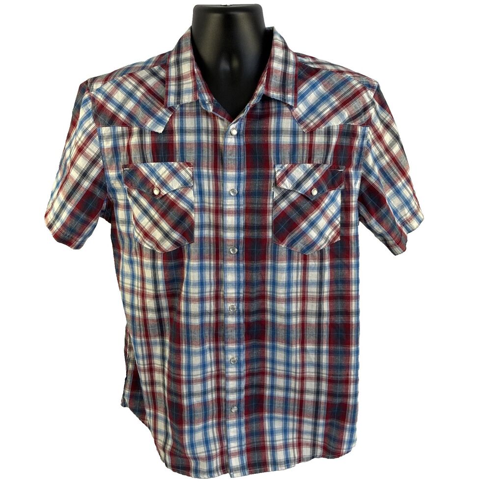 Mens Levi’s Western Short Sleeve Pearl Snap Shirt Size Large Red Plaid - Picture 6 of 7